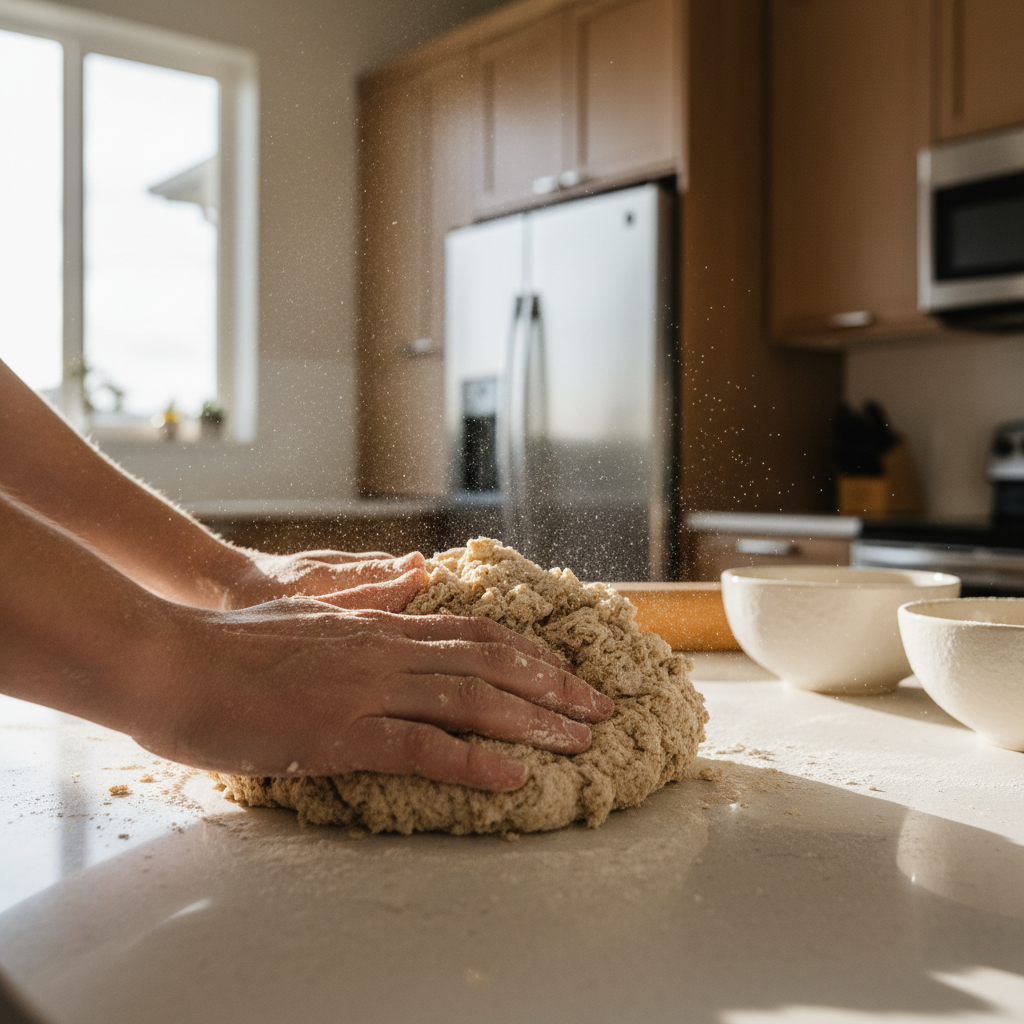 Rankos minkšto avižinės duonos tešlą ant švaraus stalviršio